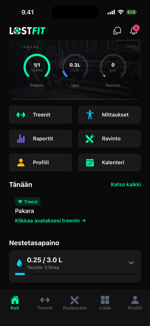 LostFit-asiakassovelluksen etusivu puhelimessa