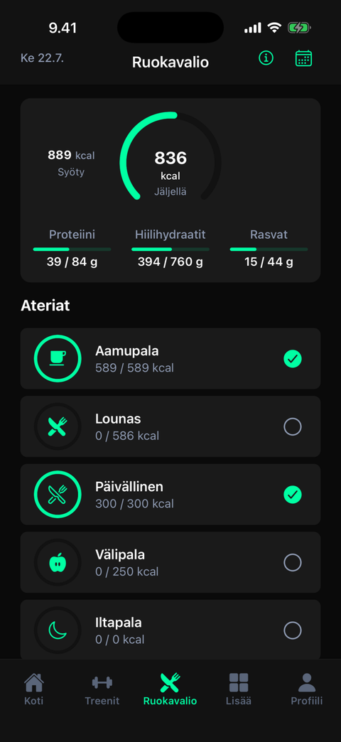 Ruokavalio ja makrot LostFit-asiakassovelluksessa
