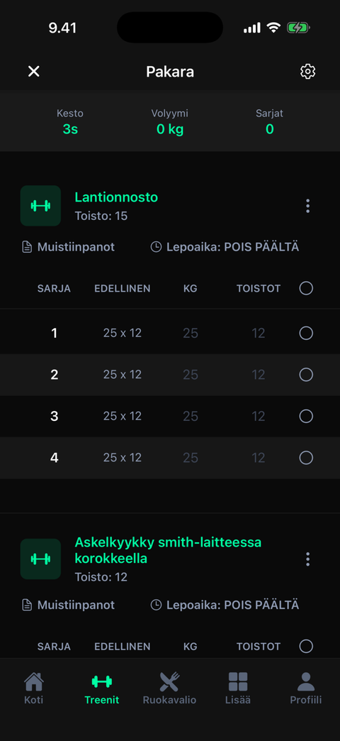 Treenin suoritus LostFit-asiakassovelluksessa